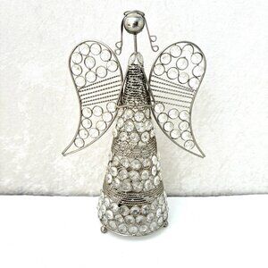 14 inch Praying Angel Tea Light Holder Candle Crystal Beads Silver Metal